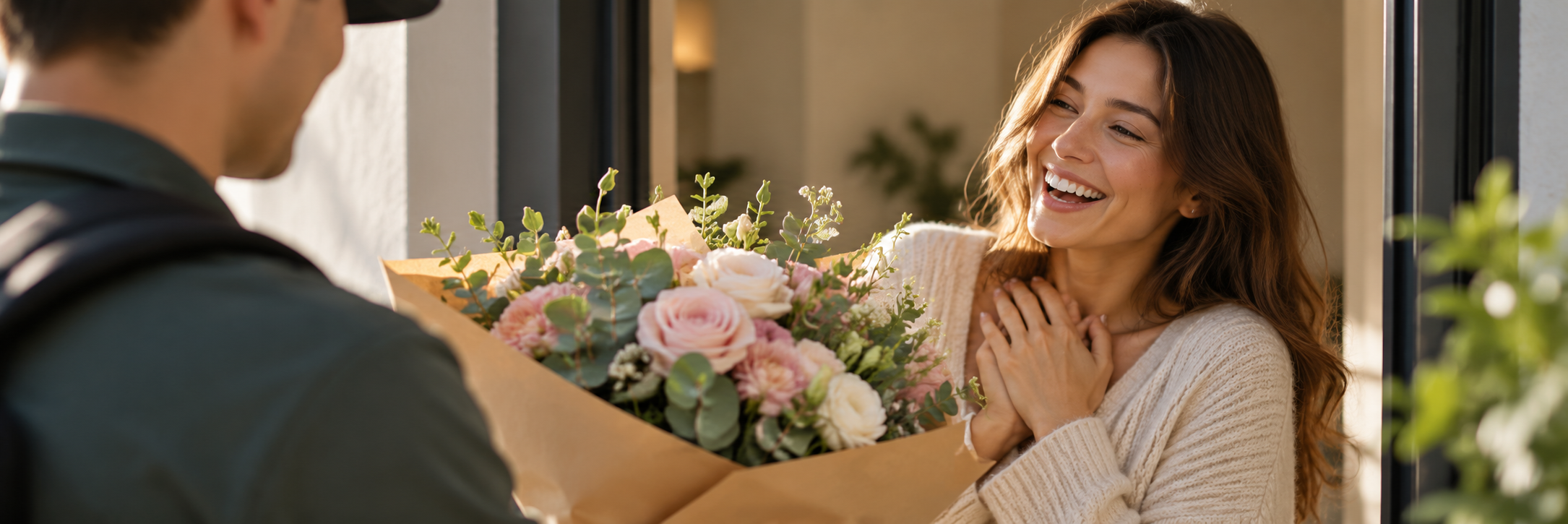 Курьер вручает букет получательнице — доставка цветов «Букет Просто» в Суворове